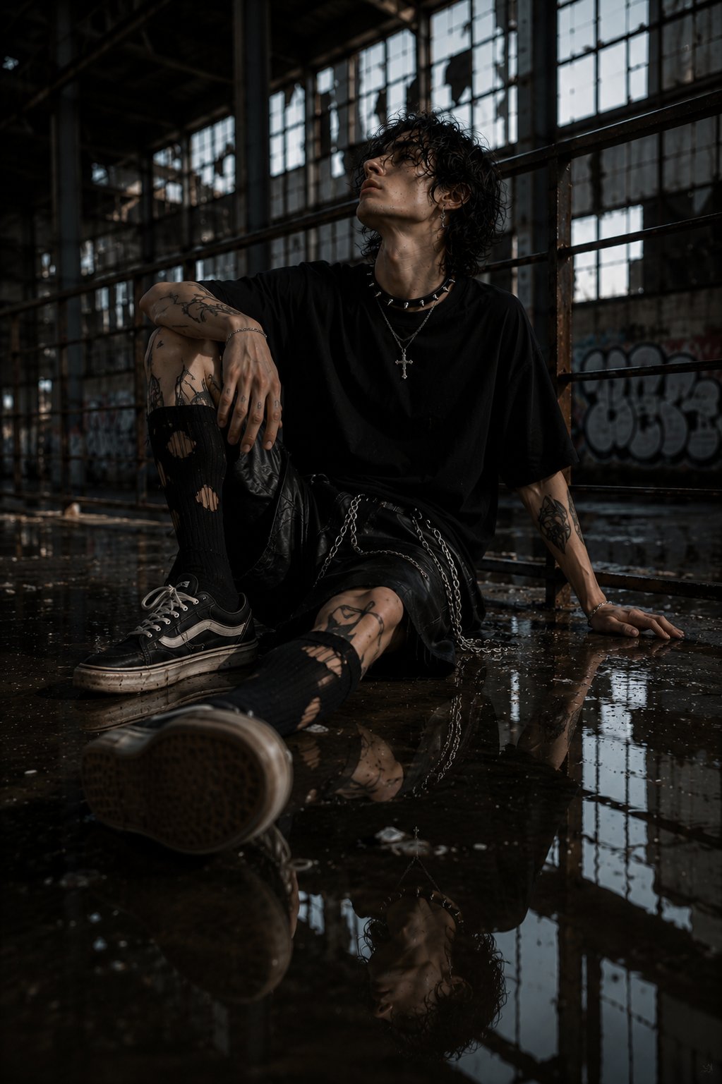 Modelo sentado en locación industrial con look negro Fatal